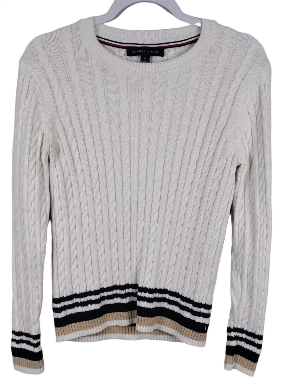 Tommy Hilfiger White Cable Knit Navy Striped Hem Crewneck Long Sleeve Sweater